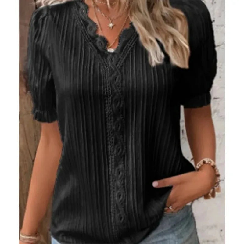Novo top feminino de verão, sólido e sexy, com decote em V e mangas curtas. Blusa solta de moda splice, plus size, ideal para o vestuário de rua