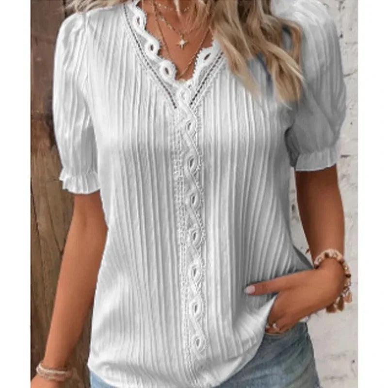 Novo top feminino de verão, sólido e sexy, com decote em V e mangas curtas. Blusa solta de moda splice, plus size, ideal para o vestuário de rua