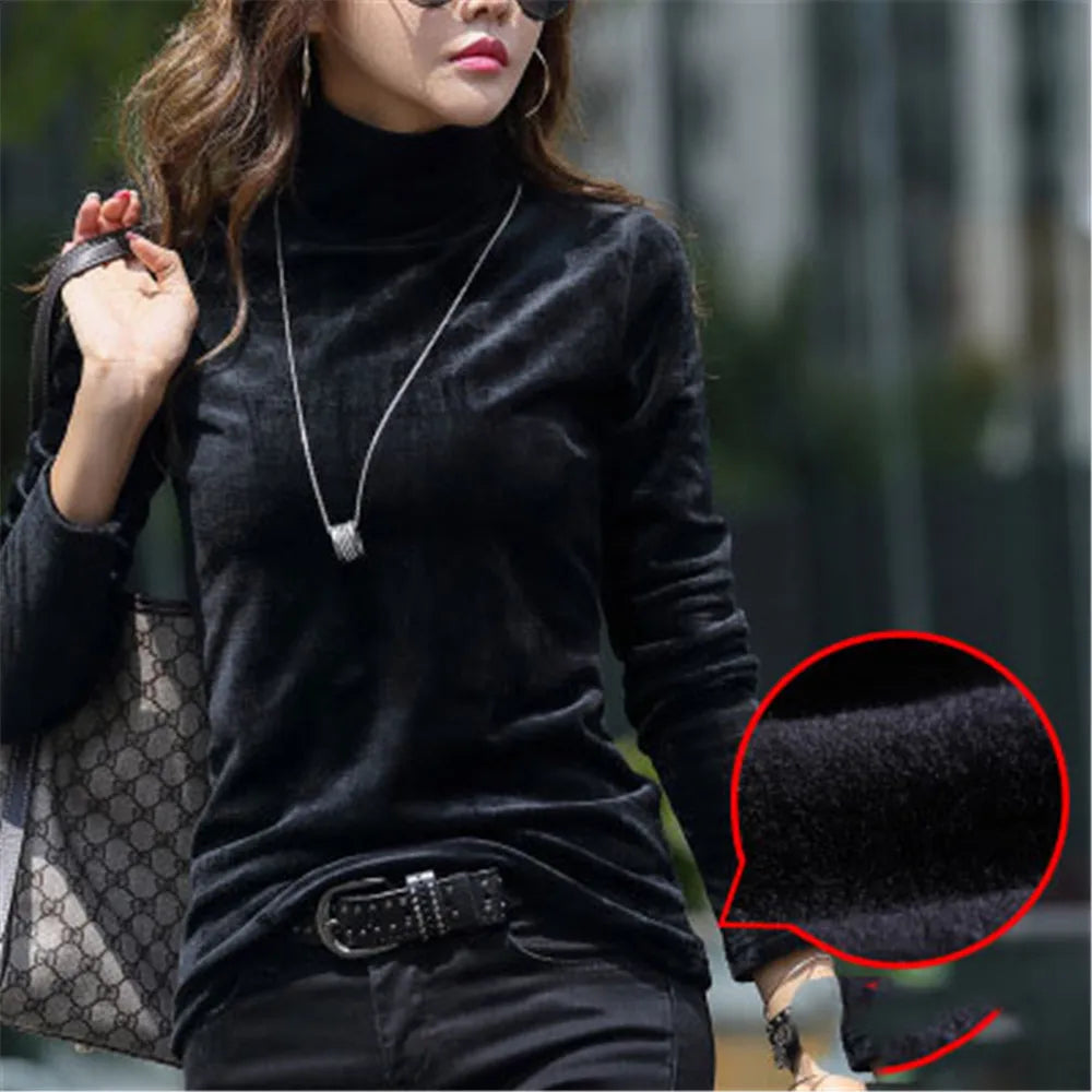 Blusa de Gola Alta Feminina – Tamanhos 3XL e 4XL, Veludo Grosso e Quente para o Inverno!