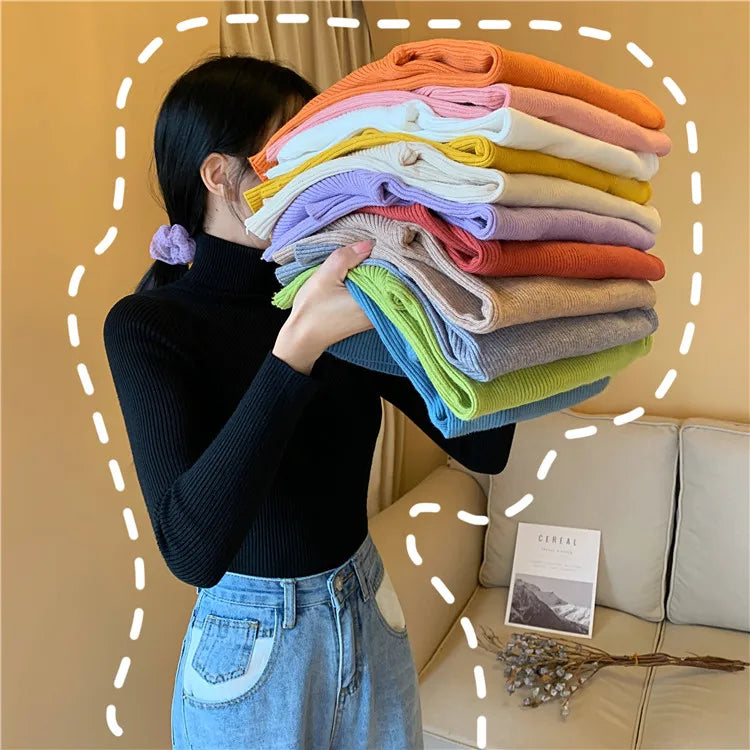 Blusa Feminina de Outono/Inverno 2025: Pulôver de Malha com Manga Longa, Gola Alta e Nervuras, Dobrável, Macia e Quente.