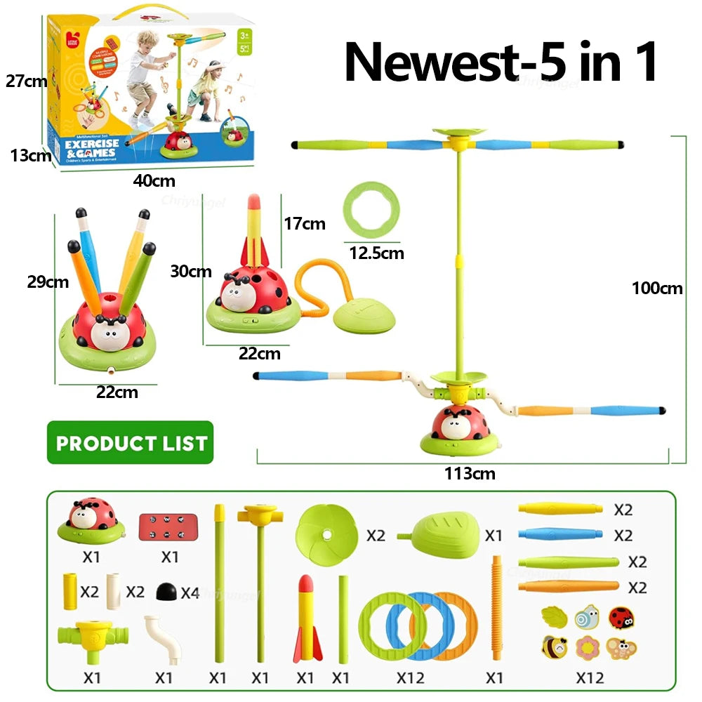 Brinquedo 3 em 1 Esportivo e Interativo – Joaninha Musical com Jogo de Arremesso de Anel, Pulo Divertido e Lançador de Foguetes