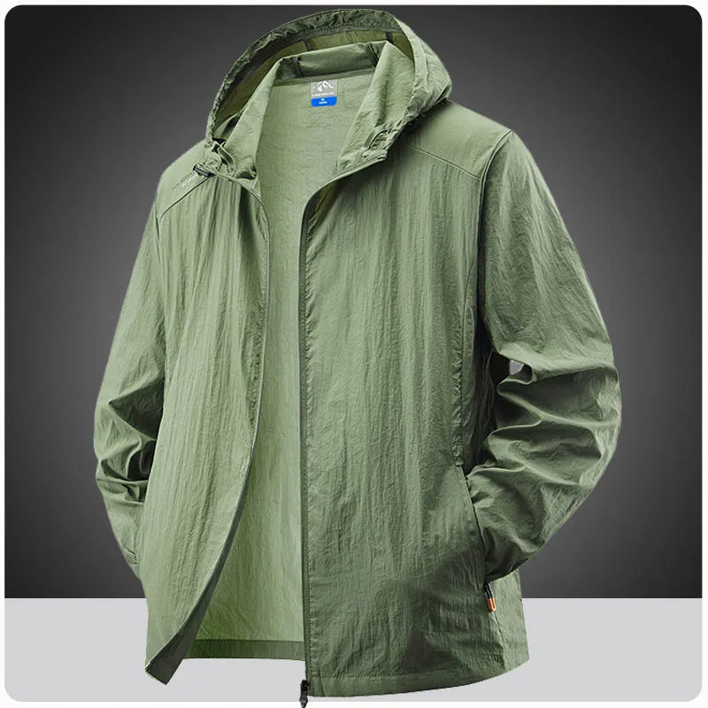 Jaqueta masculina à prova d'água para o verão, ideal para caminhadas, pesca e ciclismo. Com capuz, leve e com proteção solar.