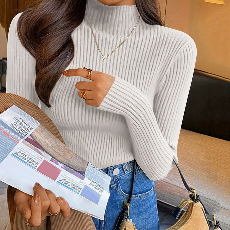 Blusa feminina de manga longa com gola alta, estilo Harajuku. Pulôver de malha fina, ajuste magro e elástico, básico e sólido, perfeito para compor looks simples.