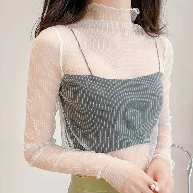 Blusa feminina de renda com camiseta de fundo, primavera e outono, manga longa, malha colheita. Topo estilo estrangeiro, sexy, com detalhes ocos e gola alta.