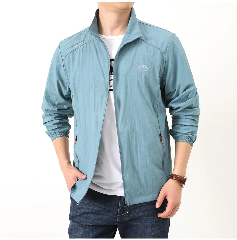 Jaqueta masculina de verão, com secagem rápida, ideal para caminhadas. À prova d'água e com proteção solar UV, é perfeita para esportes ao ar livre, como pesca, acampamento e corrida.
