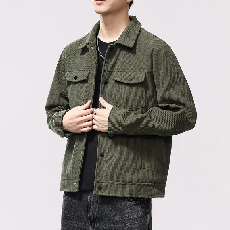Jaqueta de lapela de veludo masculina para primavera e outono, nova marca retro americana, solta e bonita, com múltiplos bolsos.