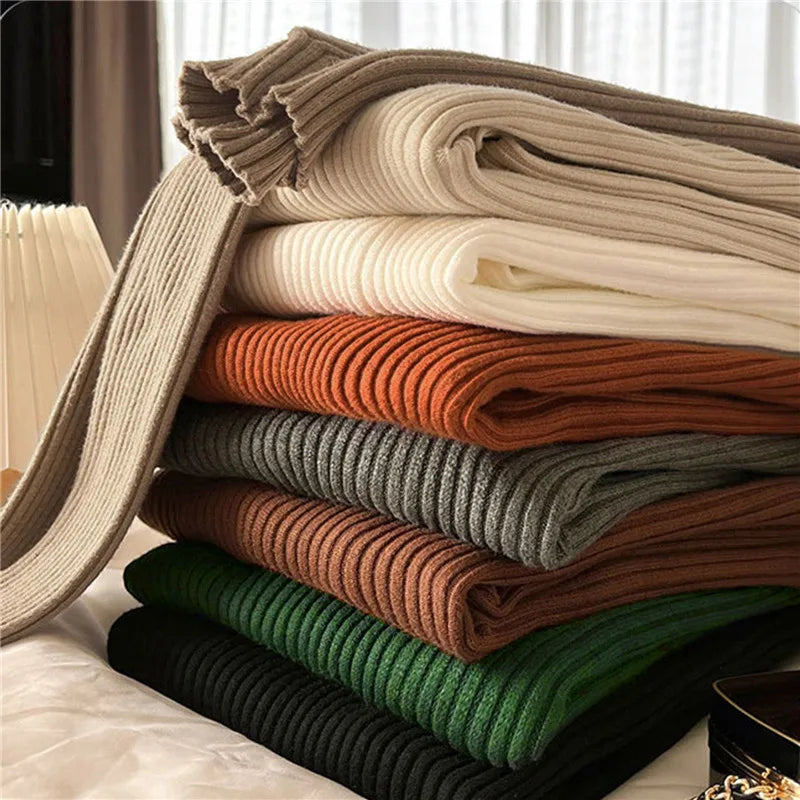 Blusa feminina de manga longa com gola alta, estilo Harajuku. Pulôver de malha fina, ajuste magro e elástico, básico e sólido, perfeito para compor looks simples.