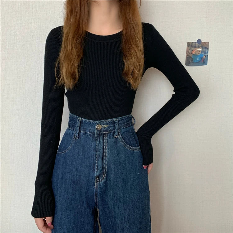 Nova blusa feminina 2025 para outono e inverno, manga longa, pulôver básico com pescoço elástico e estilo sólido em malha jumper.