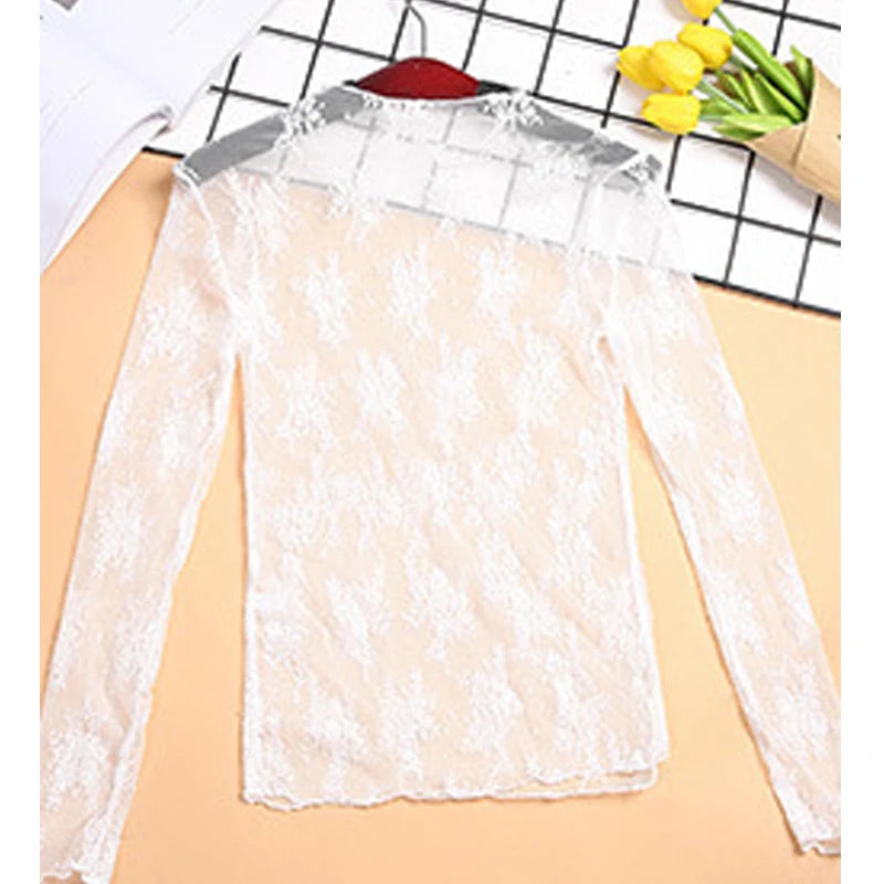 Blusa feminina de renda com camiseta de fundo, primavera e outono, manga longa, malha colheita. Topo estilo estrangeiro, sexy, com detalhes ocos e gola alta.