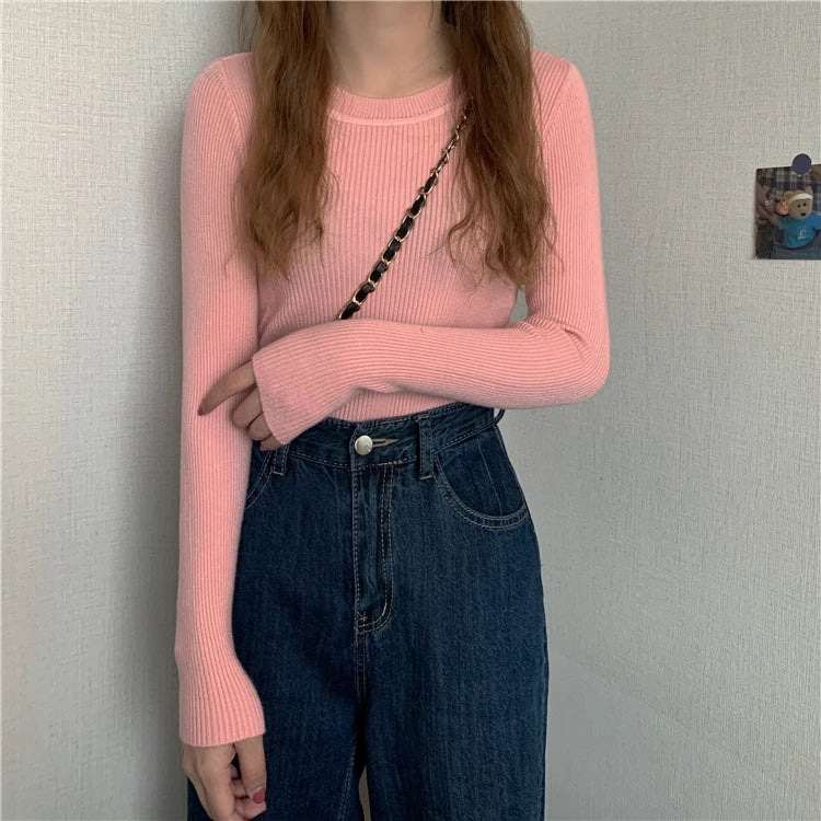 Nova blusa feminina 2025 para outono e inverno, manga longa, pulôver básico com pescoço elástico e estilo sólido em malha jumper.