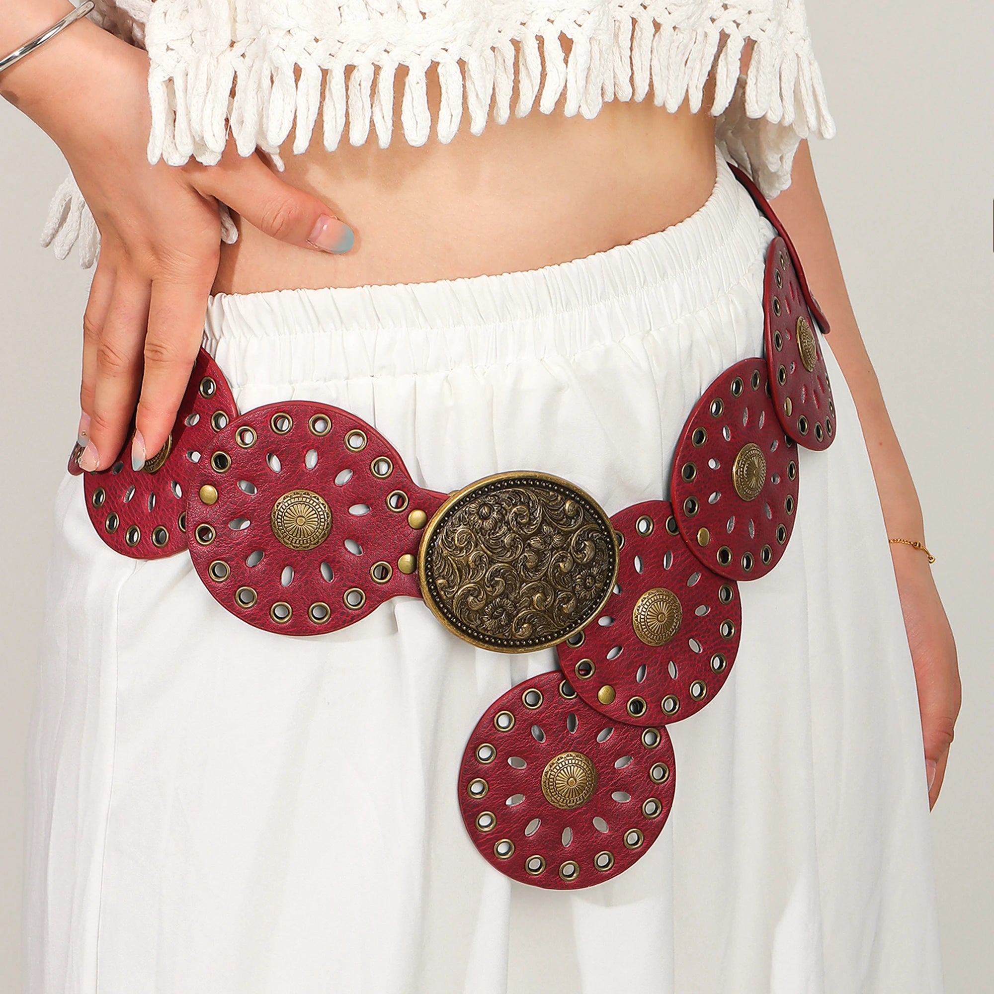 Novo rebite peça redonda cinto estilo étnico para mulheres vintage com saia ca