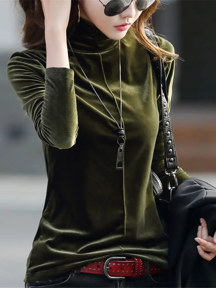 Blusa de Gola Alta Feminina – Tamanhos 3XL e 4XL, Veludo Grosso e Quente para o Inverno!