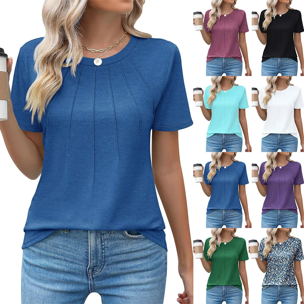 Blusas femininas casuais com gola redonda e mangas curtas plissadas
