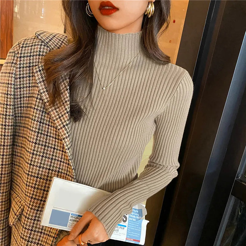 Blusa feminina de manga longa com gola alta, estilo Harajuku. Pulôver de malha fina, ajuste magro e elástico, básico e sólido, perfeito para compor looks simples.