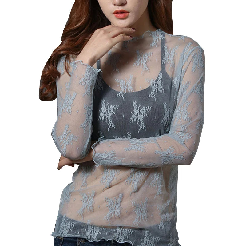 Blusa feminina de renda com camiseta de fundo, primavera e outono, manga longa, malha colheita. Topo estilo estrangeiro, sexy, com detalhes ocos e gola alta.