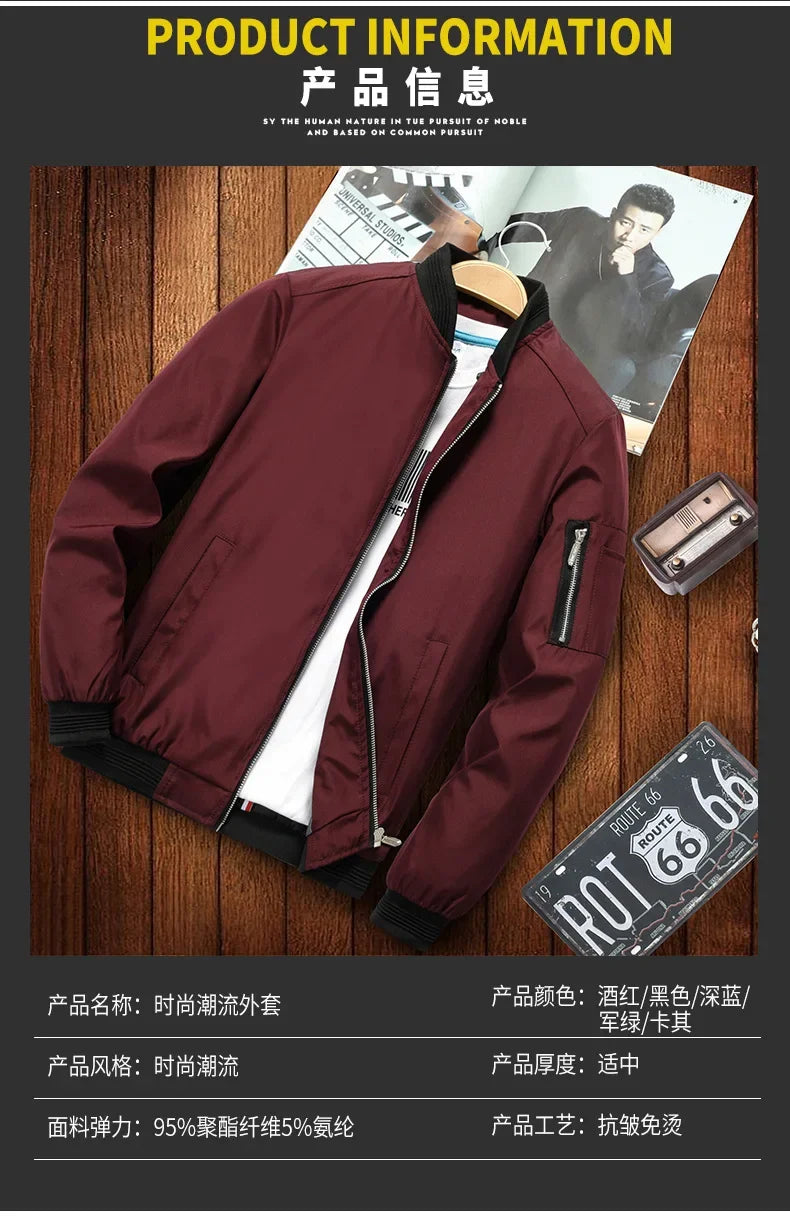 Jaqueta Masculina de Outono - Manga Longa, Uniforme de Beisebol, À Prova de Vento, Ideal para Ciclismo, Jaqueta Fina Sólida com Zíper, Casual e Esportiva para Atividades ao Ar Livre.