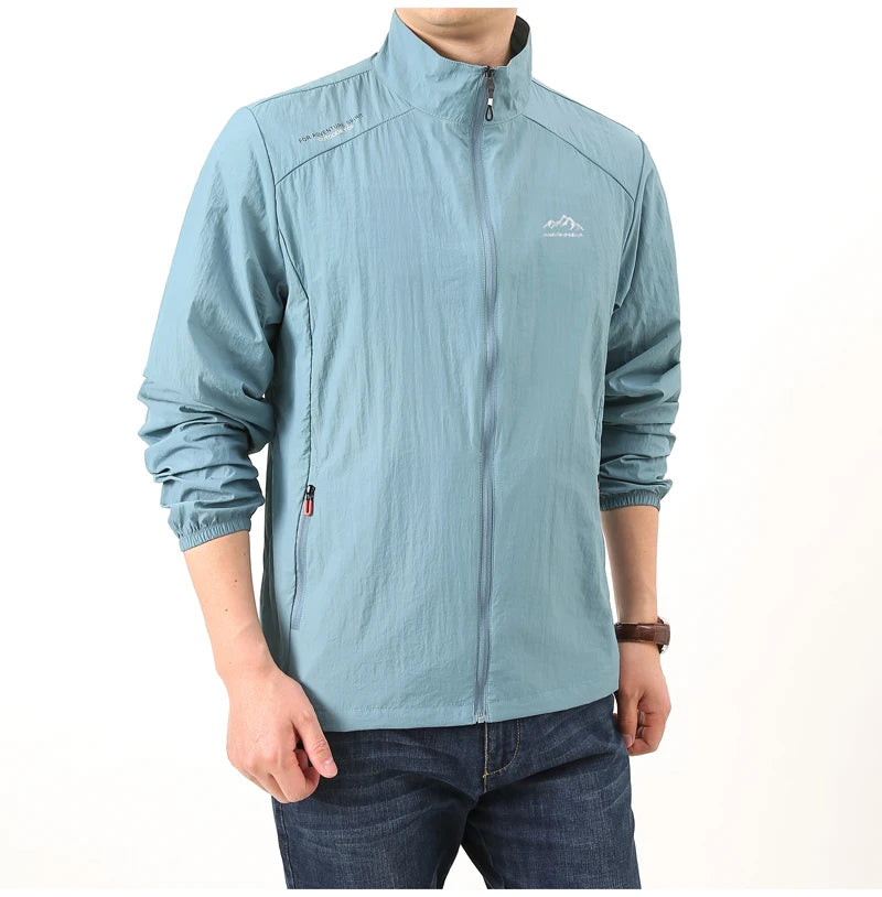 Jaqueta masculina de verão, com secagem rápida, ideal para caminhadas. À prova d'água e com proteção solar UV, é perfeita para esportes ao ar livre, como pesca, acampamento e corrida.