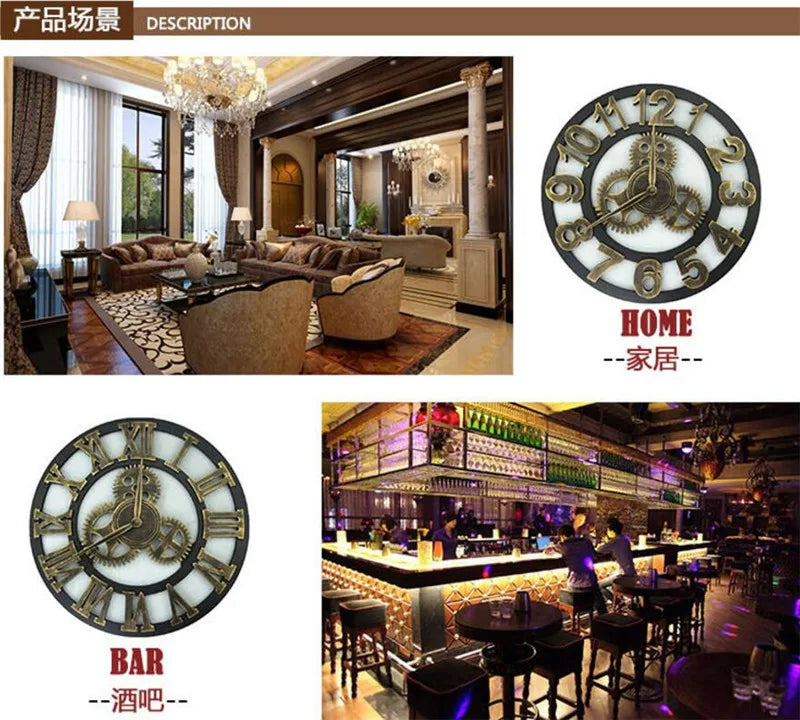 Relógio de Parede 3D Estilo Industrial Retro em Madeira Decoração para casa, sala de estar, escritório e barra. Arte decorativa para parede. Horologe.