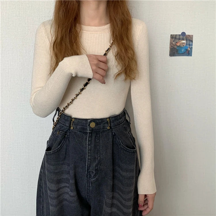 Nova blusa feminina 2025 para outono e inverno, manga longa, pulôver básico com pescoço elástico e estilo sólido em malha jumper.