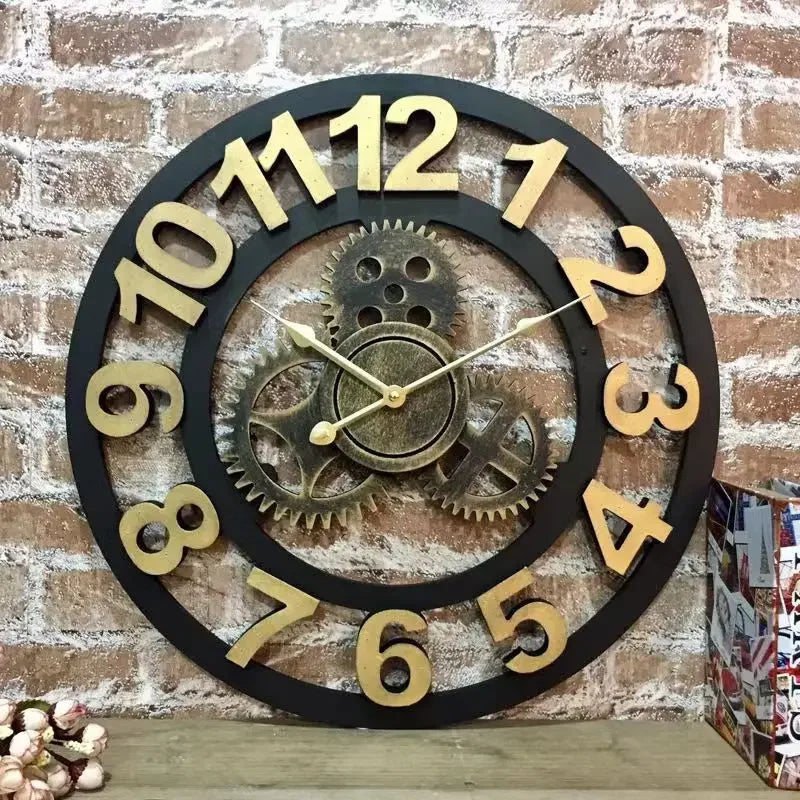 Relógio de Parede 3D Estilo Industrial Retro em Madeira Decoração para casa, sala de estar, escritório e barra. Arte decorativa para parede. Horologe.