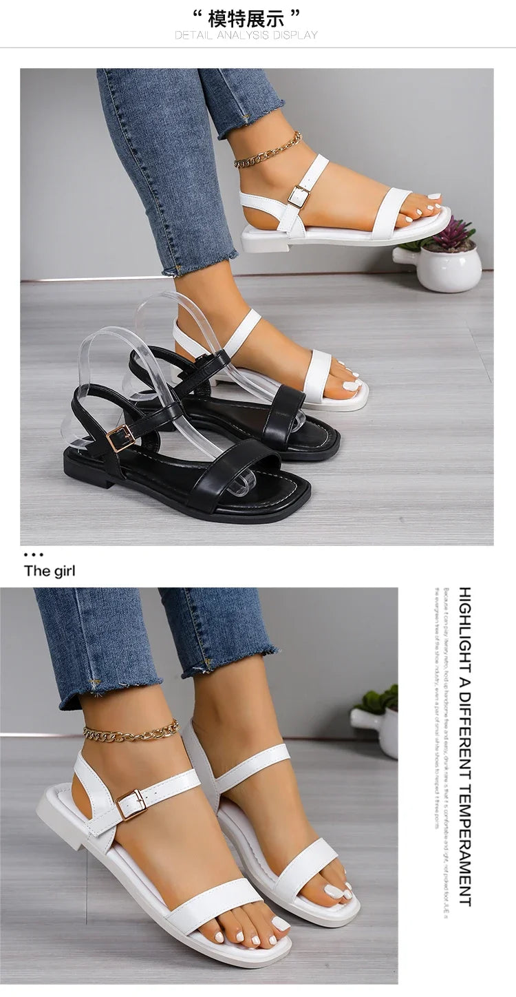 Sandálias de Fivela com Dedo do Pé Aberto. Ideal para o Verão, com Saltos Grossos e Tamanhos Grandes. Perfeitas para a Praia e para Uso Casual, Disponíveis na Cor Branca.