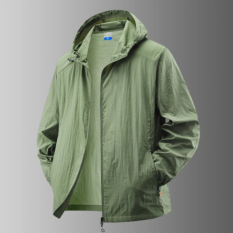 Jaqueta masculina à prova d'água para o verão, ideal para caminhadas, pesca e ciclismo. Com capuz, leve e com proteção solar.