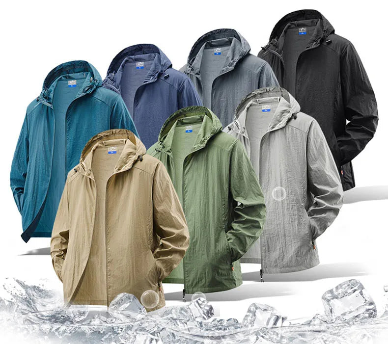 Jaqueta masculina à prova d'água para o verão, ideal para caminhadas, pesca e ciclismo. Com capuz, leve e com proteção solar.