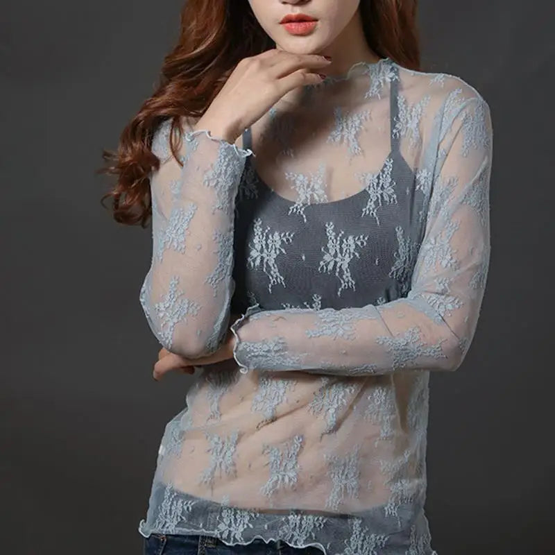 Blusa feminina de renda com camiseta de fundo, primavera e outono, manga longa, malha colheita. Topo estilo estrangeiro, sexy, com detalhes ocos e gola alta.
