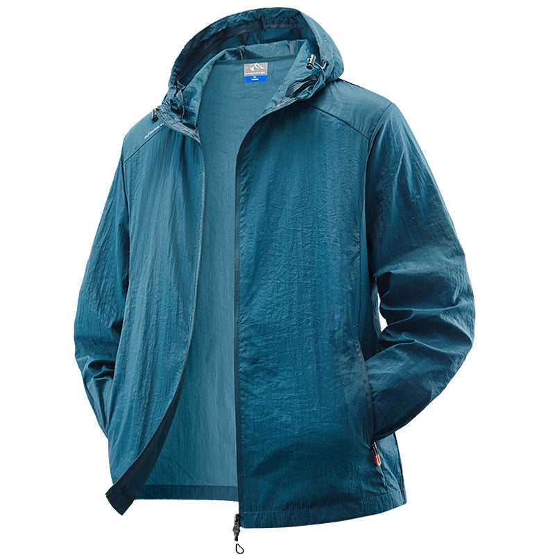 Jaqueta masculina à prova d'água para o verão, ideal para caminhadas, pesca e ciclismo. Com capuz, leve e com proteção solar.