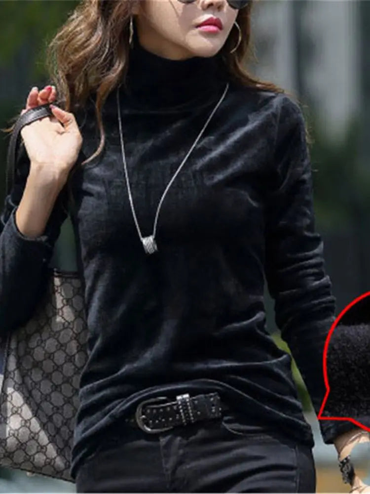 Blusa de Gola Alta Feminina – Tamanhos 3XL e 4XL, Veludo Grosso e Quente para o Inverno!