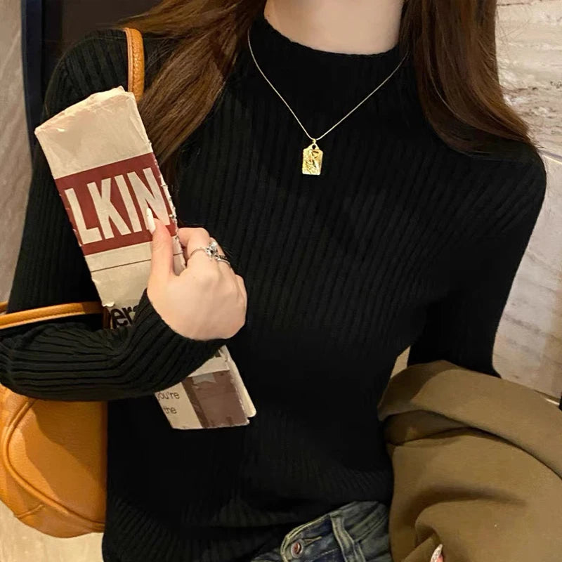 Blusa feminina de manga longa com gola alta, estilo Harajuku. Pulôver de malha fina, ajuste magro e elástico, básico e sólido, perfeito para compor looks simples.