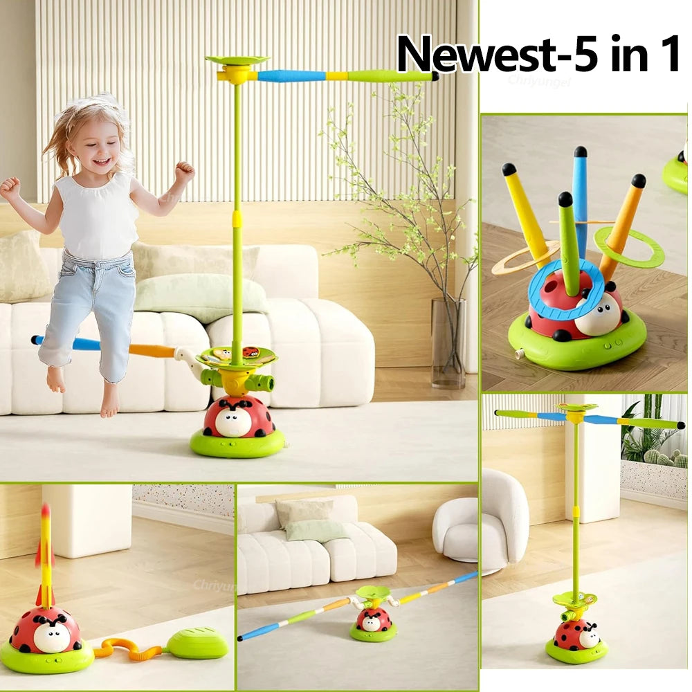 Brinquedo 3 em 1 Esportivo e Interativo – Joaninha Musical com Jogo de Arremesso de Anel, Pulo Divertido e Lançador de Foguetes