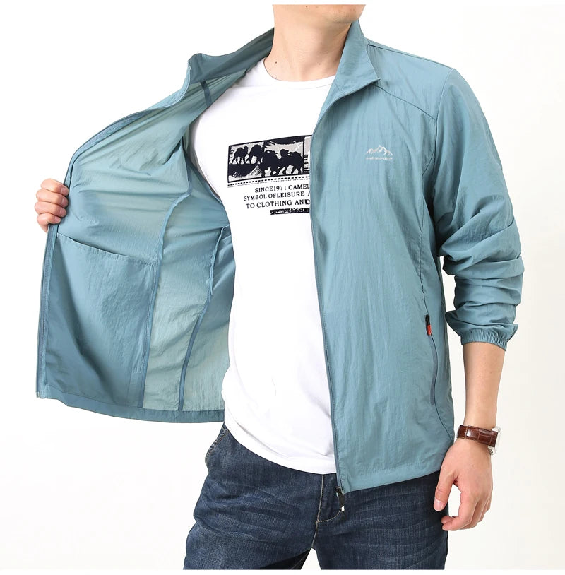 Jaqueta masculina de verão, com secagem rápida, ideal para caminhadas. À prova d'água e com proteção solar UV, é perfeita para esportes ao ar livre, como pesca, acampamento e corrida.