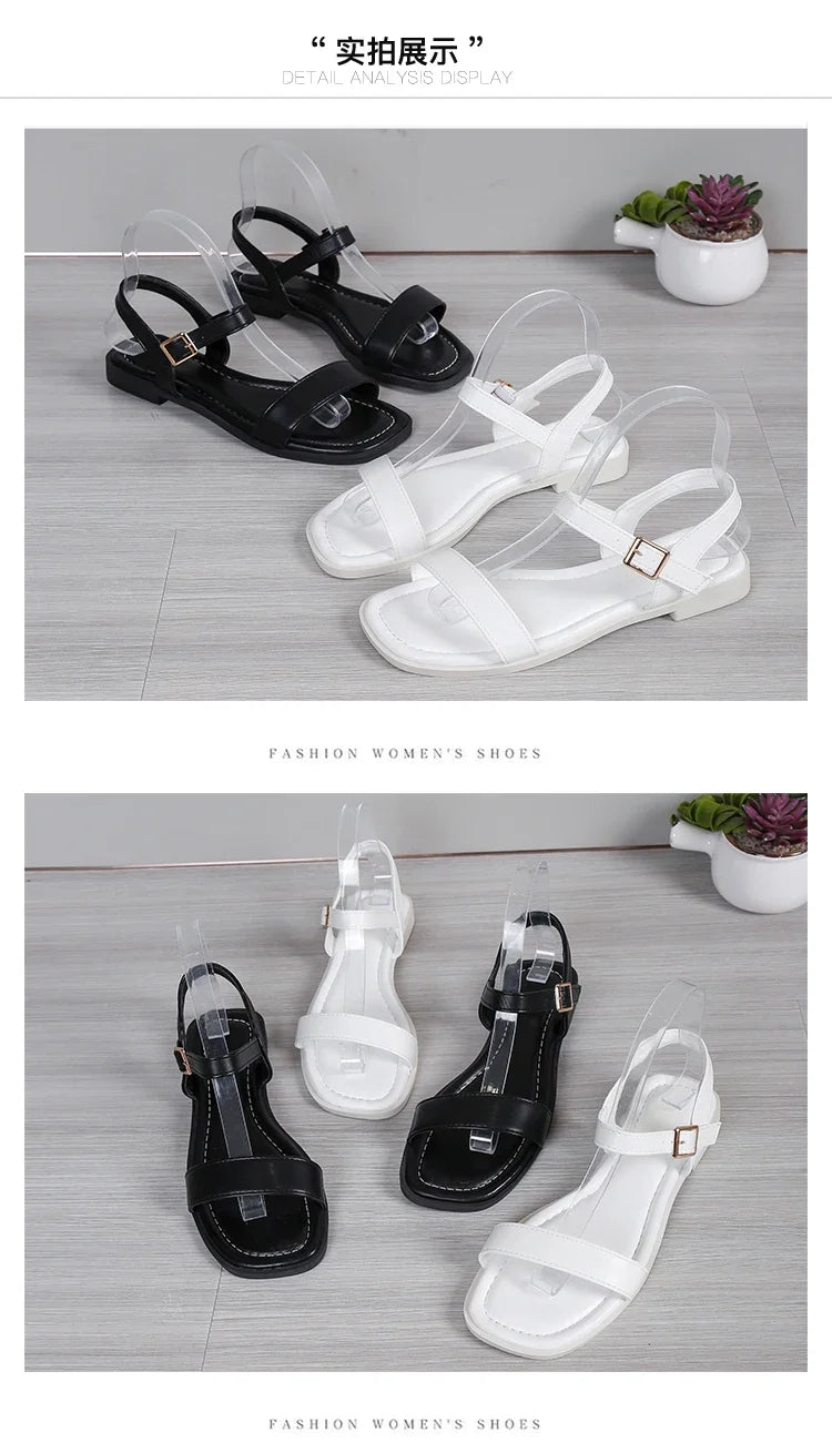 Sandálias de Fivela com Dedo do Pé Aberto. Ideal para o Verão, com Saltos Grossos e Tamanhos Grandes. Perfeitas para a Praia e para Uso Casual, Disponíveis na Cor Branca.