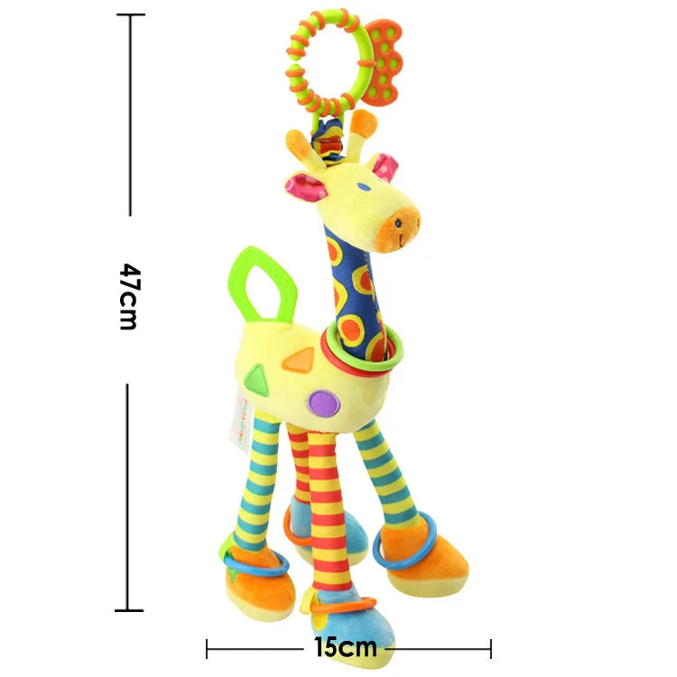 Girafa e zebra de pelúcia macias com sinos e chocalhos, ideal para o desenvolvimento do bebê. Brinquedo com mordedor, perfeito para presentear recém-nascidos.
