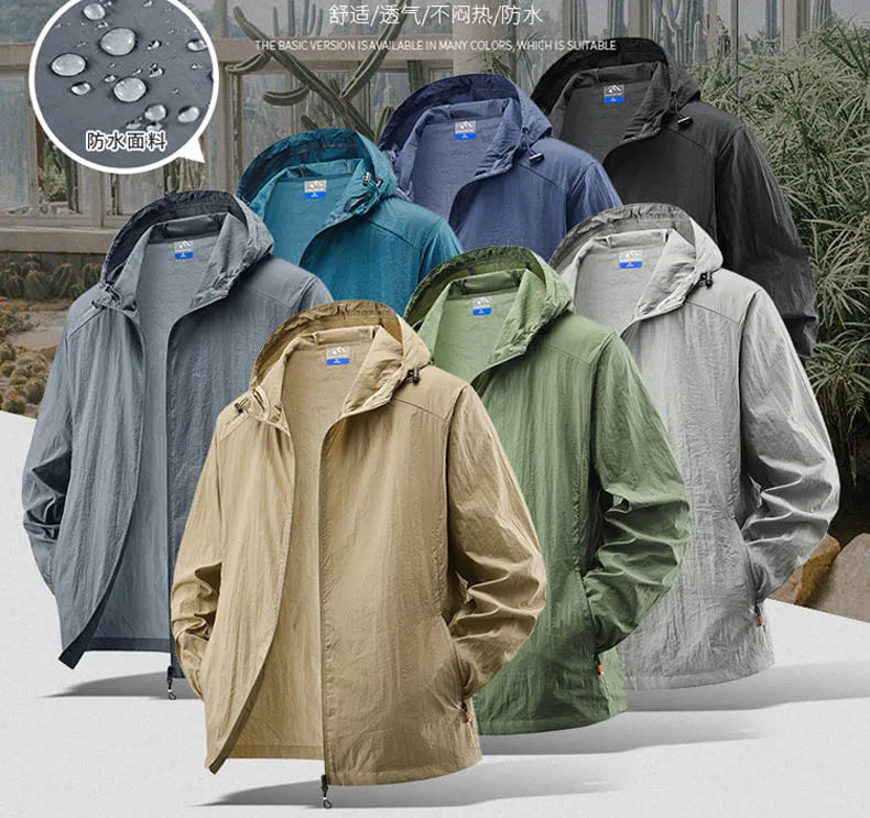 Jaqueta masculina à prova d'água para o verão, ideal para caminhadas, pesca e ciclismo. Com capuz, leve e com proteção solar.