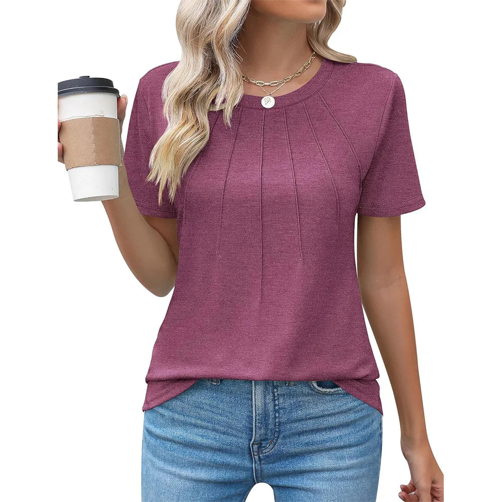 Blusas femininas casuais com gola redonda e mangas curtas plissadas