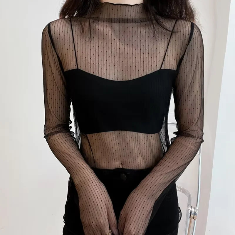 Blusa feminina de renda com camiseta de fundo, primavera e outono, manga longa, malha colheita. Topo estilo estrangeiro, sexy, com detalhes ocos e gola alta.