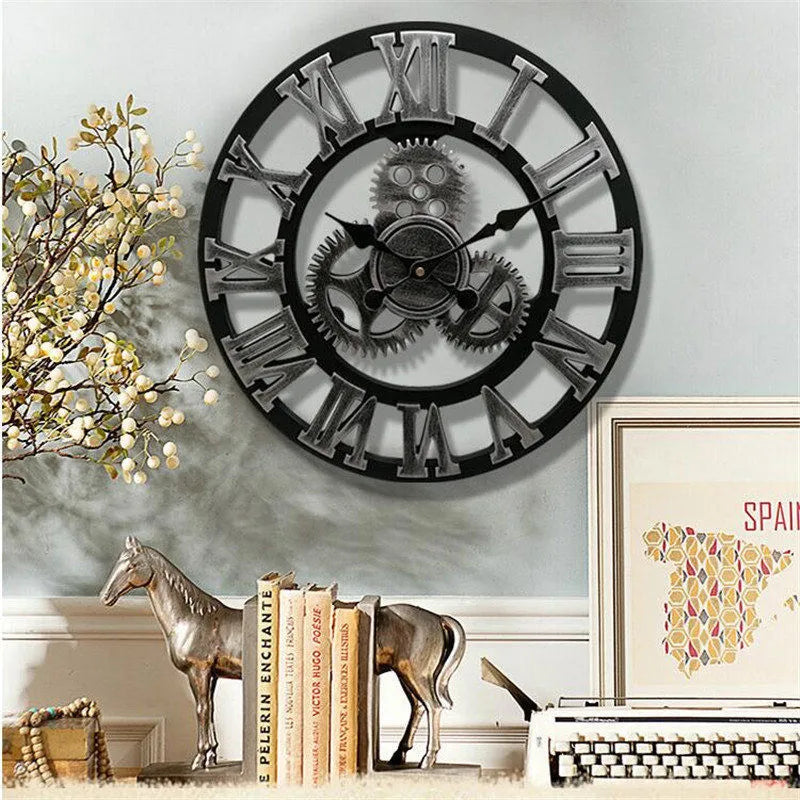 Relógio de Parede 3D Estilo Industrial Retro em Madeira Decoração para casa, sala de estar, escritório e barra. Arte decorativa para parede. Horologe.