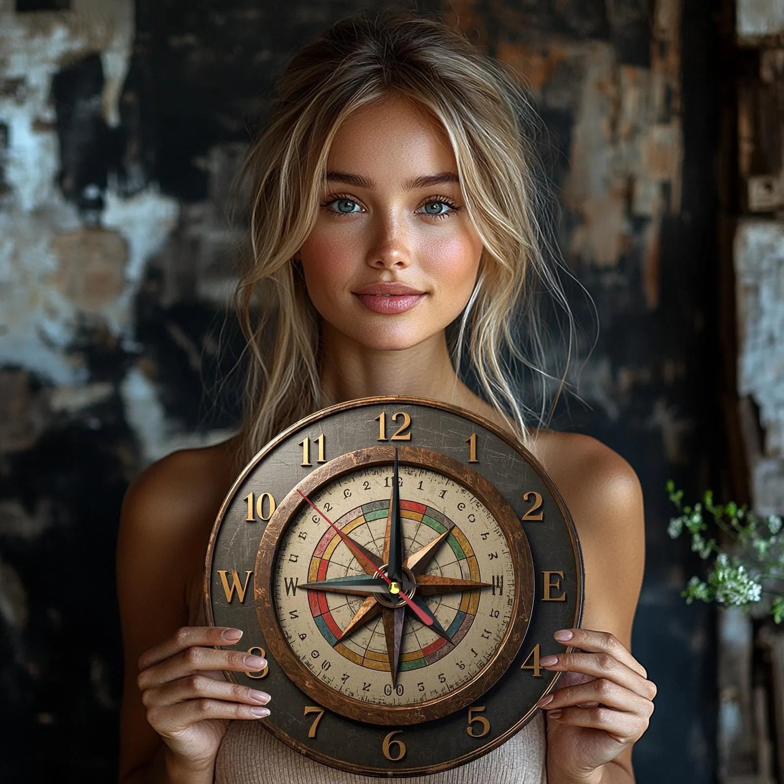 Relógio com design de bússola em parede rústica de madeira. Ideal para a decoração de casas e escritórios. Funciona com baterias AA.