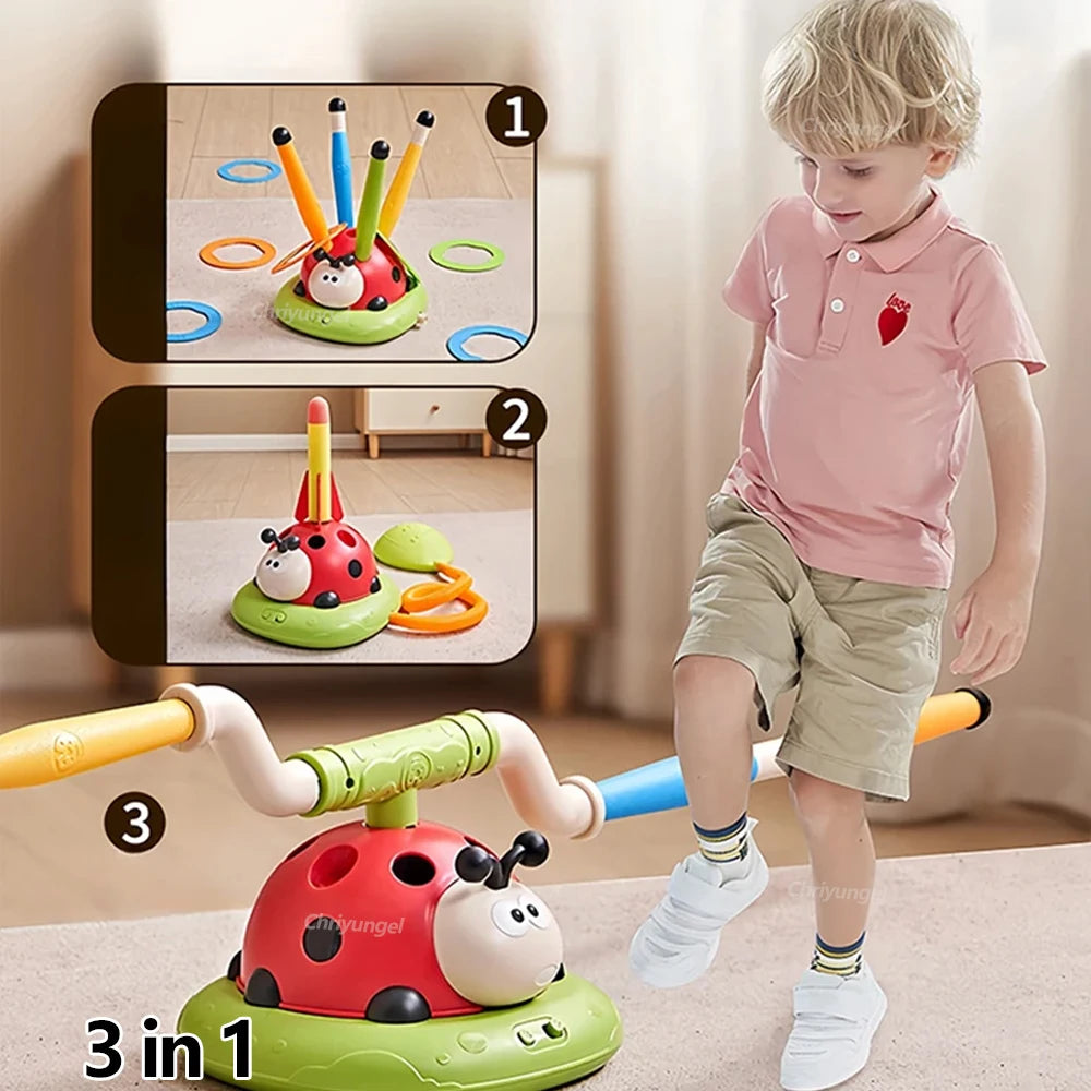 Brinquedo 3 em 1 Esportivo e Interativo – Joaninha Musical com Jogo de Arremesso de Anel, Pulo Divertido e Lançador de Foguetes