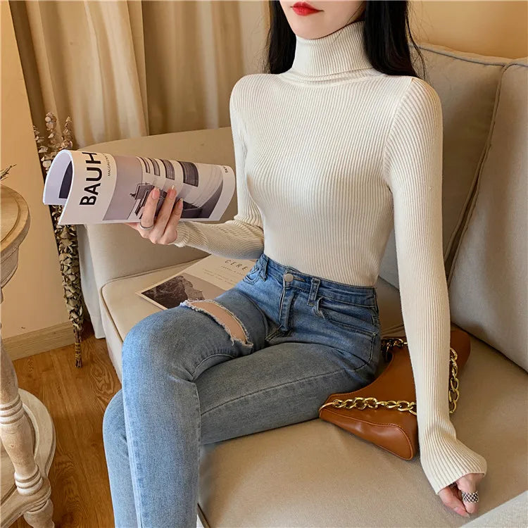 Blusa Feminina de Outono/Inverno 2025: Pulôver de Malha com Manga Longa, Gola Alta e Nervuras, Dobrável, Macia e Quente.