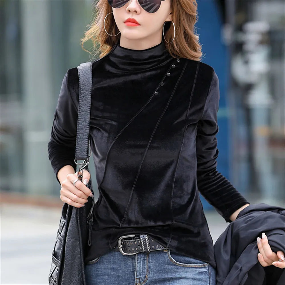 Blusa de Gola Alta Feminina – Tamanhos 3XL e 4XL, Veludo Grosso e Quente para o Inverno!