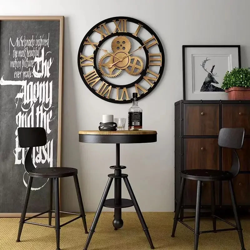 Relógio de Parede 3D Estilo Industrial Retro em Madeira Decoração para casa, sala de estar, escritório e barra. Arte decorativa para parede. Horologe.