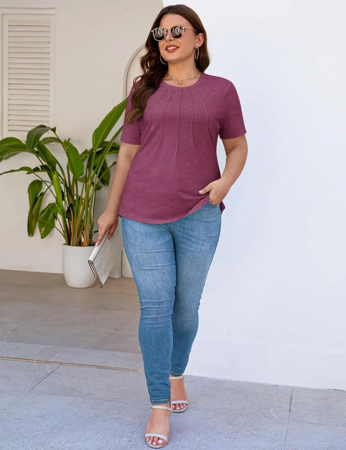 Blusas femininas casuais com gola redonda e mangas curtas plissadas