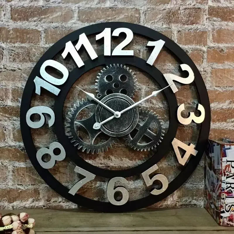 Relógio de Parede 3D Estilo Industrial Retro em Madeira Decoração para casa, sala de estar, escritório e barra. Arte decorativa para parede. Horologe.
