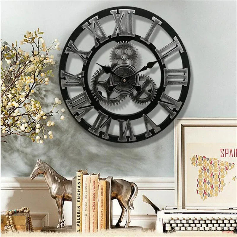 Relógio de Parede 3D Estilo Industrial Retro em Madeira Decoração para casa, sala de estar, escritório e barra. Arte decorativa para parede. Horologe.