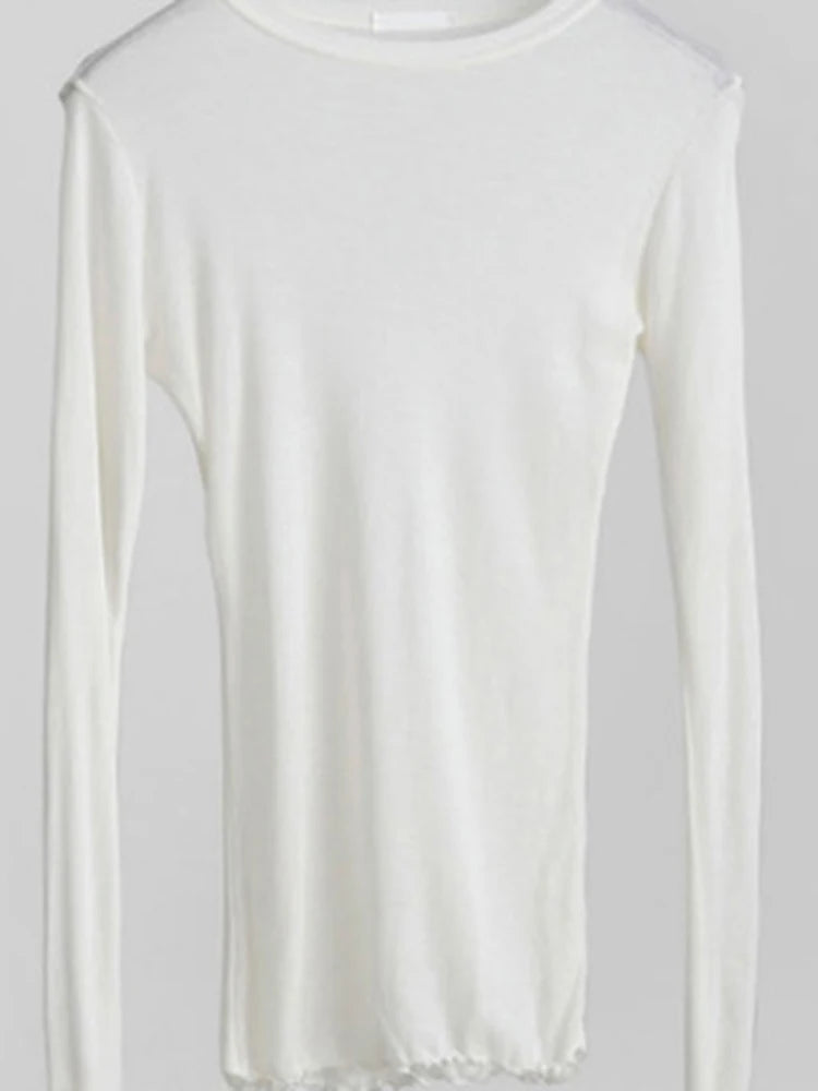 Camisa feminina básica de alta qualidade, elástica e simples. Camisetas femininas casuais, com manga longa e design sexy, em tecido fino e transparente.