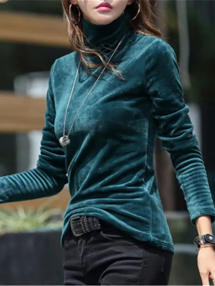 Blusa de Gola Alta Feminina – Tamanhos 3XL e 4XL, Veludo Grosso e Quente para o Inverno!