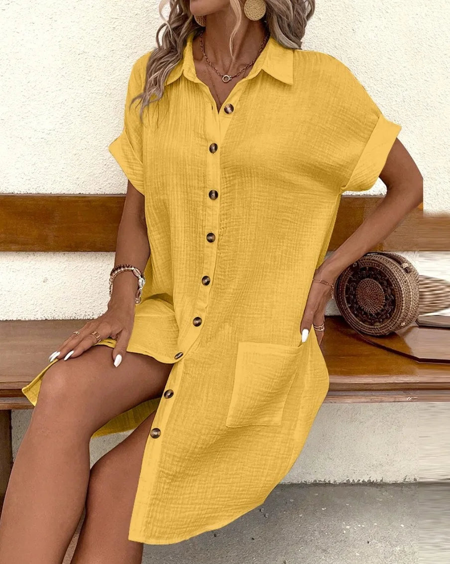 Vestido feminino de verão 2025, nova moda simples e sexy, com decote em V, botão único, mangas curtas e bolsos.